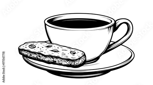 Biscotti piece partially dipped in a cup of coffee, placed on a saucer, vector illustration art