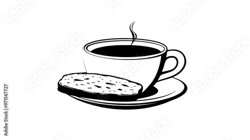 Biscotti piece partially dipped in a cup of coffee, placed on a saucer, vector illustration art