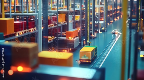 A futuristic warehouse with automated guided vehicles transporting boxes in a large, brightly lit space. photo