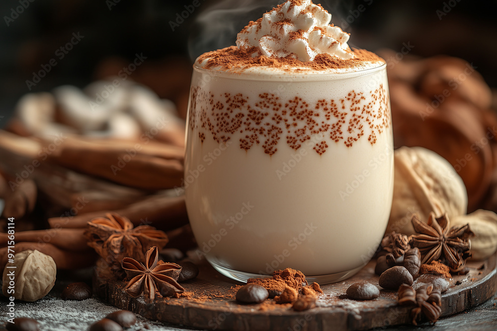 a close-up of a latte macchiato with whipped cream a close-up of a latte macchiato with whipped cream