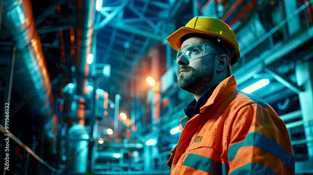 Worker in safety gear observes machinery in an industrial facility during nighttime operations Worker in safety gear observes machinery in an industrial facility during nighttime operations
