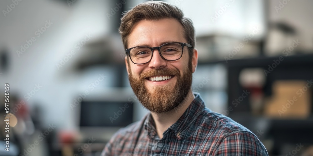 A smiling man with glasses showcases a friendly demeanor. He wears a casual plaid shirt, representing a relaxed style. Ideal for portraits and lifestyle imagery. AI A smiling man with glasses showcases a friendly demeanor. He wears a casual plaid shirt, representing a relaxed style. Ideal for portraits and lifestyle imagery. AI