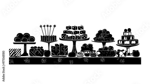 Candy bars arranged on a large table, ready for guests at a celebration, vector illustration art