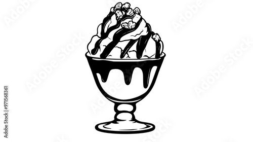 Vanilla ice cream sundae topped with chocolate syrup and nuts, vector illustration art