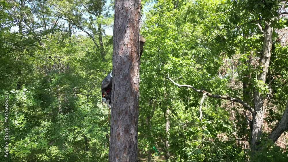 Tree arborist using chainsaw to cut tree down, while wearing safety gear. Tree arborist using chainsaw to cut tree down, while wearing safety gear.