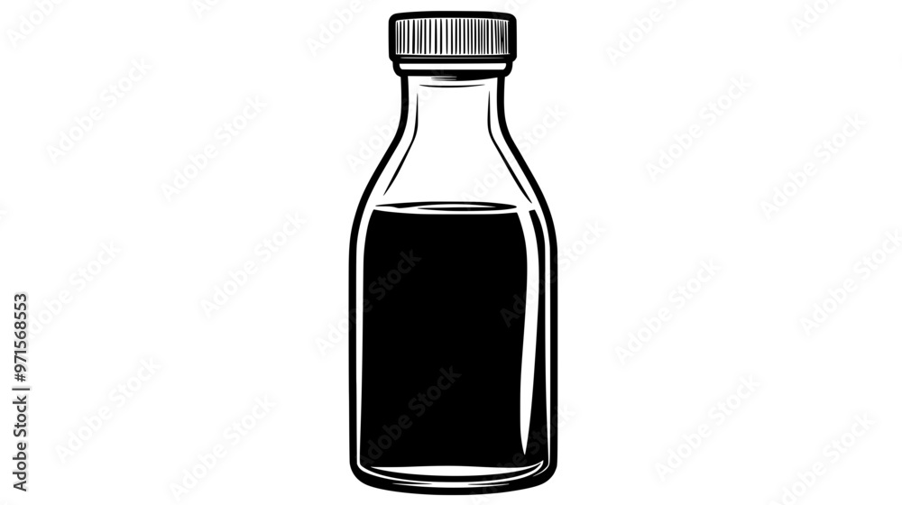 Clear glass bottle filled with dark sauce, capped with a metal lid, vector illustration art Clear glass bottle filled with dark sauce, capped with a metal lid, vector illustration art