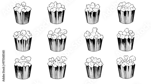 A clean display of caramel popcorn arranged into even groups without any other distractions visible, vector illustration art