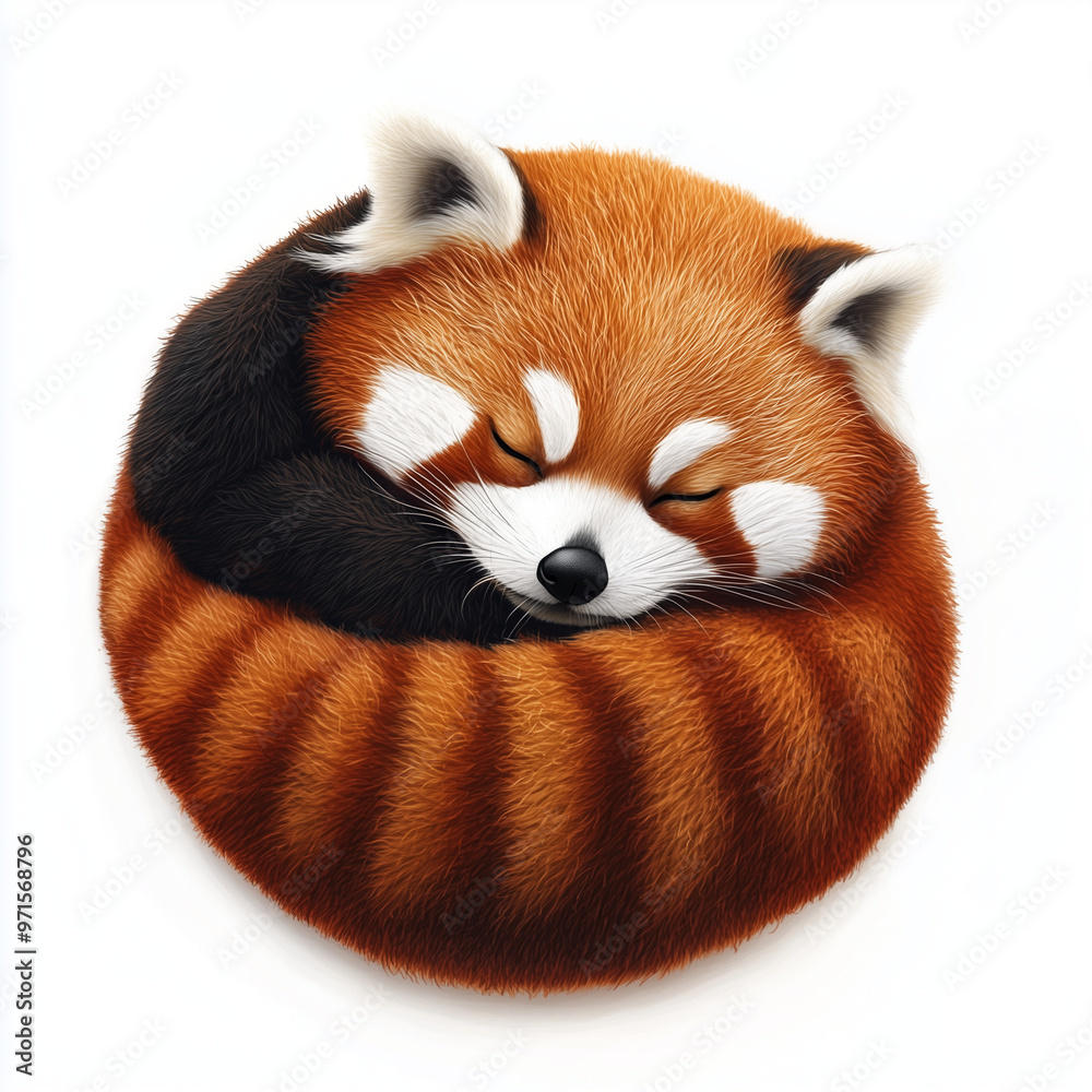 Obraz premium Sleeping red panda curled up in a circle, relaxed mood, white background