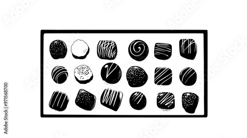 Artisanal chocolates arranged symmetrically on a rectangular plate, vector illustration art