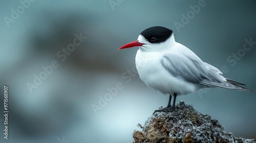 Inca tern perched on rock with ocean background photo