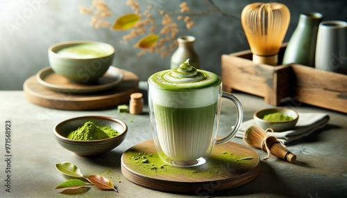 a variety of matcha tea preparations and accessories on a textured table with soft lighting that highlights the vibrant green color of the matcha. photo