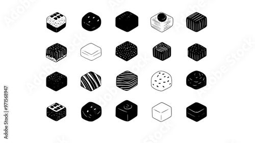Collection of small, uniform sweets in orderly fashion within square compartments, vector illustration art