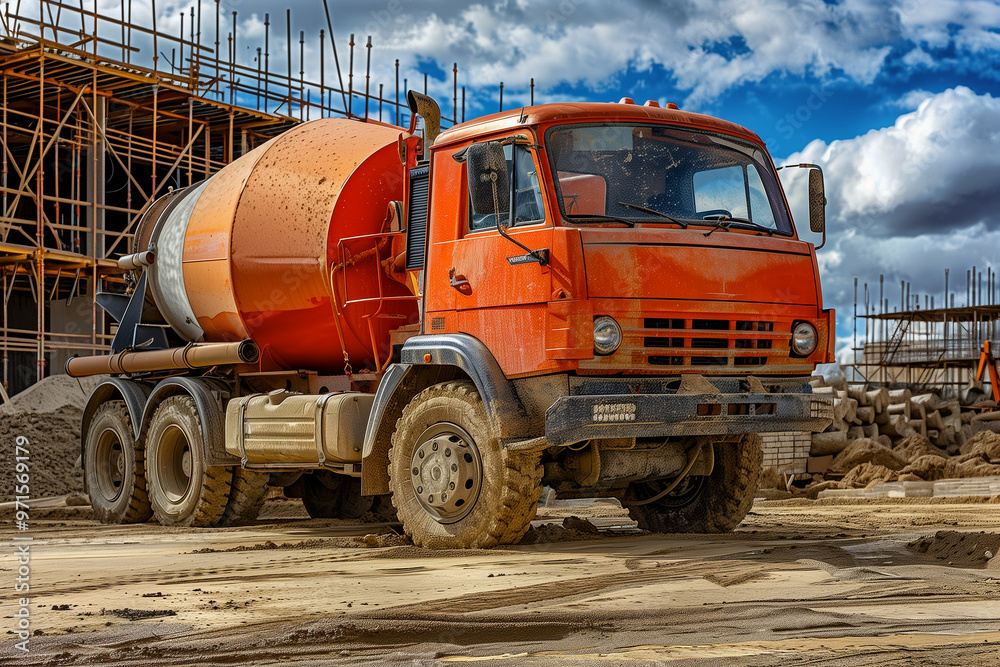 An orange cement mixer truck parked on a construction site with scaffolding and a blue sky in the background, showcasing a dynamic and rugged industrial scene An orange cement mixer truck parked on a construction site with scaffolding and a blue sky in the background, showcasing a dynamic and rugged industrial scene