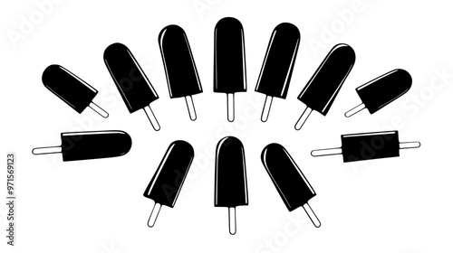 Creamy popsicles arranged in a circular pattern on a clean table, no additional elements, vector illustration art