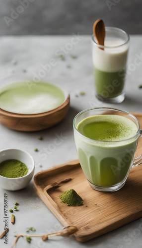 a serene setting of matcha tea preparation, with a focus on a clear glass cup filled with frothy green matcha tea on a wooden tray, accompanied by a wooden bowl, a small ceramic dish with matcha powde