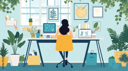 Woman sitting at a desk in a home office with plants and a computer.