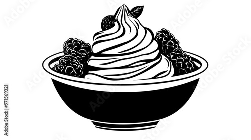 Dessert bowl with layers of mixed fruit and creamy topping, vector illustration art