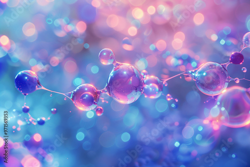 Vibrant and surreal illustration of molecular structures in a dynamic composition with glowing orbs and interconnecting lines on a dreamy, blurred bokeh background in pastel tones