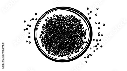 A dish containing an assortment of nonpareils, with the tiny beads scattered on a surface, vector illustration art
