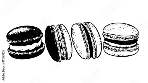 Five macarons arranged in a circular pattern on a neutral surface, vector illustration art