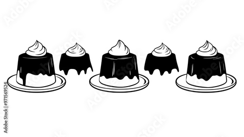 Five panna cotta desserts arranged symmetrically, no visible background, vector illustration art