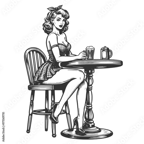 pin-up girl sitting at a table with beer mugs, evoking classic 1950s aesthetics sketch engraving generative ai fictional character vector illustration. Scratch board imitation. Black and white image.