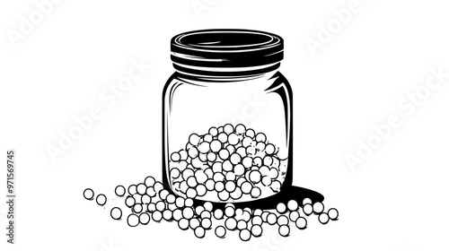 Glass jar of sugar pearls showcasing round glossy decorations on a kitchen counter, vector illustration art