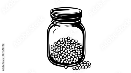 Glass jar of sugar pearls showcasing round glossy decorations on a kitchen counter, vector illustration art