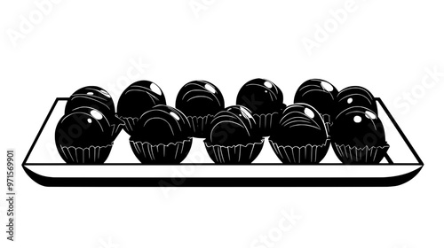 A group of ganache-based truffles displayed on a tray, showcasing different shapes, vector illustration art