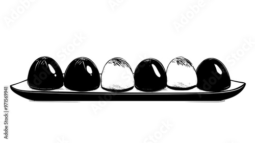 A group of mochi desserts displayed in a straight line on a ceramic tray, vector illustration art