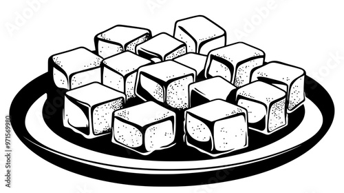 Group of Turkish delight cubes arranged symmetrically on a serving platter, vector illustration art