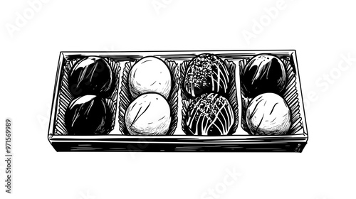 Handmade chocolates in a clear container, showcasing uniform presentation and craftsmanship, vector illustration art