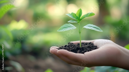 Nurturing New Life A Tender Hand Holding a Small Plant Sprout in Soil, Nature , Growth, Sustainability