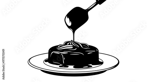 Metal squeeze bottle dispensing chocolate sauce onto a dessert, vector illustration art