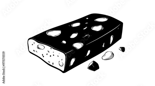 Piece of hard nougat displaying rigid texture and scattered nut pieces within its surface, vector illustration art