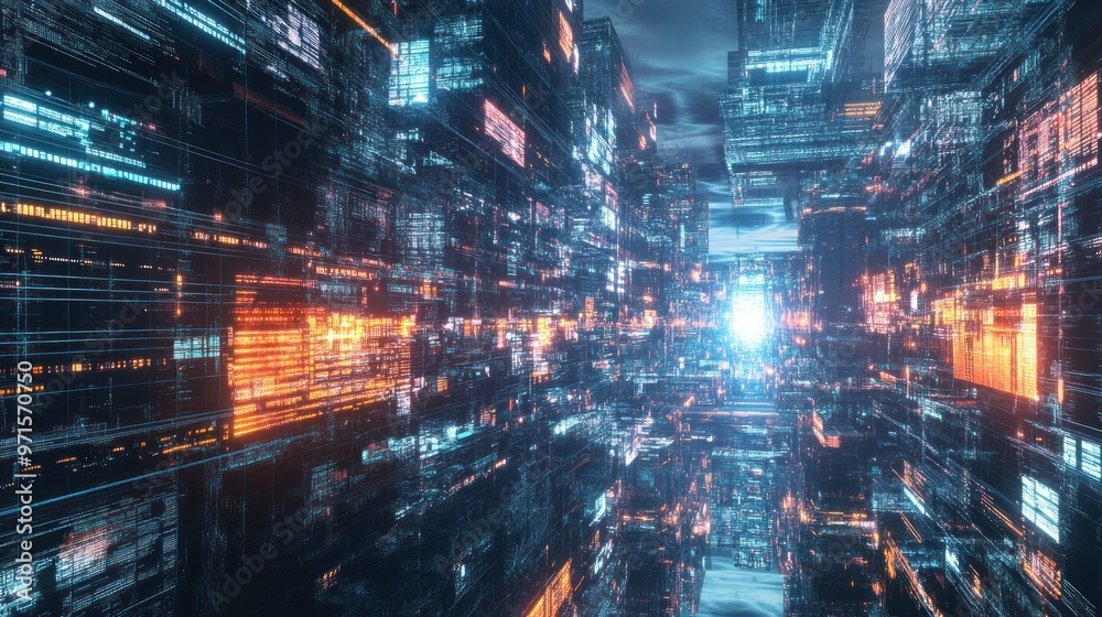Futuristic Cityscape with Glowing Code and Data Streams Futuristic Cityscape with Glowing Code and Data Streams