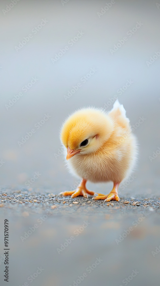 Fluffy chick pecking at ground, showcasing its adorable features Fluffy chick pecking at ground, showcasing its adorable features