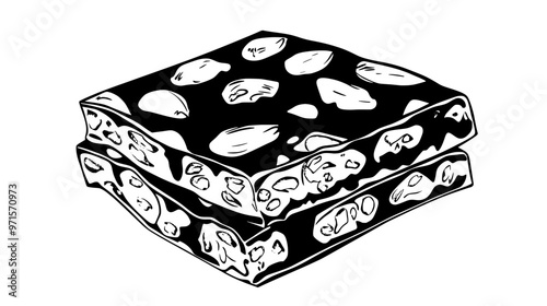 Soft nougat broken to reveal chewy interior with embedded nuts, vector illustration art