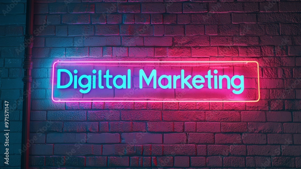 Fototapeta premium Neon Sign Digital Marketing Brick Wall