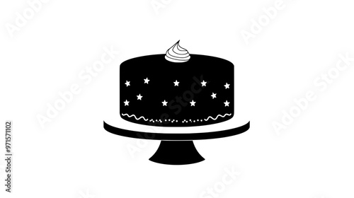 Round cake on a raised platter with minimal designs around the base, vector illustration art