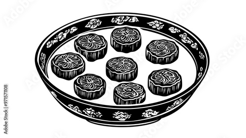 A round serving dish filled with mooncakes evenly spaced around the edge, vector illustration art