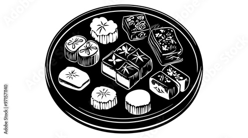 Round serving dish with several Asian sweets placed in a symmetrical pattern, vector illustration art