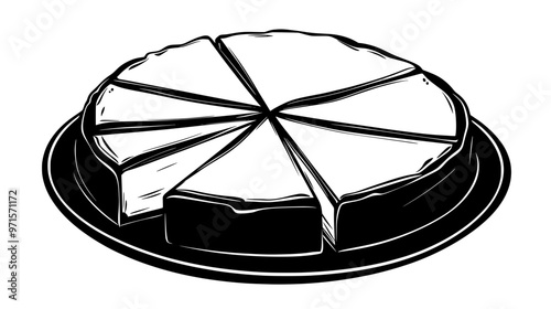 Round cheesecake divided into equal portions on a serving tray, vector illustration art