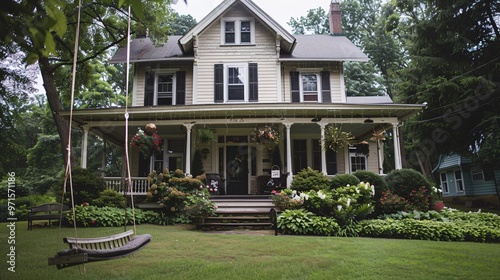 Traditional classic house with front porch swing and lush greenery