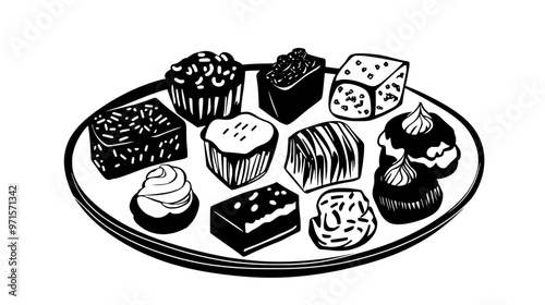 Selection of sweet confections on a plate, featuring sugary delights, vector illustration art