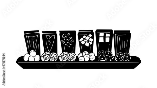 Series of small packages containing sweets arranged in a straight line on a tray, vector illustration art