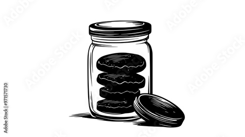 Shortbread rounds neatly stacked in a glass jar with the lid beside it, vector illustration art