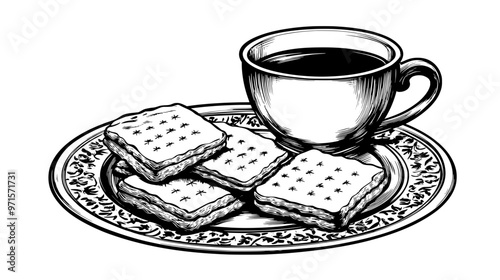 Shortbread cookies on a decorative platter with a cup of tea in the background, vector illustration art