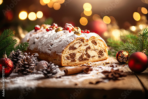 Christmas stollen on a wooden table. Festive Christmas pastry dessert. Bakery recipes for Christmas Eve.