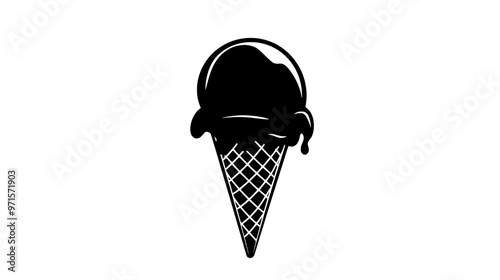 Chocolate ice cream scoop in a plain cone on a smooth countertop, vector illustration art